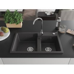 Mexen Tomas  konyhai mosogató gránit 2 medence+ pop up szifon 800 x 500 mm, fekete köhatasu, szifon   króm - 6516802000-76 2 medencés