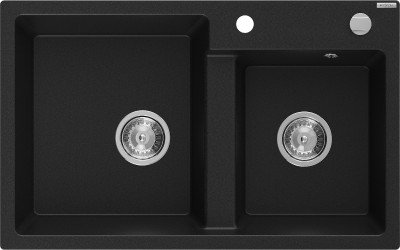 Mexen Tomas  konyhai mosogató gránit 2 medence+ pop up szifon 800 x 500 mm, fekete , szifon   króm - 6516802000-77 2 medencés