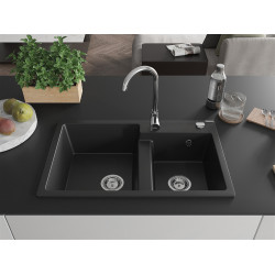 Mexen Tomas  konyhai mosogató gránit 2 medence+ pop up szifon 800 x 500 mm, fekete , szifon   króm - 6516802000-77 2 medencés