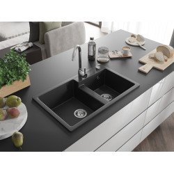 Mexen Tomas  konyhai mosogató gránit 2 medence+ pop up szifon 800 x 500 mm, fekete , szifon   króm - 6516802000-77 2 medencés 2 medencés 406959 Mexen