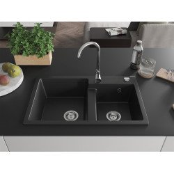 Mexen Tomas  konyhai mosogató gránit 2 medence+ pop up szifon 800 x 500 mm, fekete , szifon   króm - 6516802000-77 2 medencés