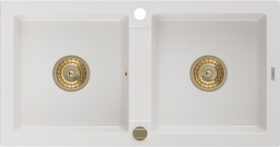 Mexen Mario  konyhai mosogató gránit 2 medence+ pop up szifon 820 x 436 mm, fehér , szifon  arany  - 6504822000-20-G 2 medencés