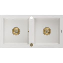 Mexen Mario  konyhai mosogató gránit 2 medence+ pop up szifon 820 x 436 mm, fehér , szifon  arany  - 6504822000-20-G 2 medencés 2 medencés 406959 Mexen
