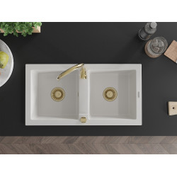 Mexen Mario  konyhai mosogató gránit 2 medence+ pop up szifon 820 x 436 mm, fehér , szifon  arany  - 6504822000-20-G 2 medencés