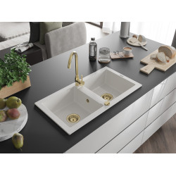 Mexen Mario  konyhai mosogató gránit 2 medence+ pop up szifon 820 x 436 mm, fehér , szifon  arany  - 6504822000-20-G 2 medencés 2 medencés 406959 Mexen