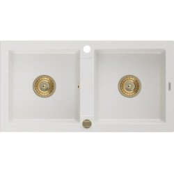 Mexen Mario  konyhai mosogató gránit 2 medence+ pop up szifon 820 x 436 mm, fehér , szifon  arany  - 6504822000-20-G 2 medencés 2 medencés 406959 Mexen