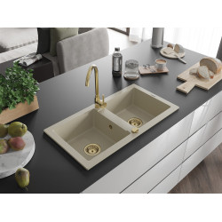 Mexen Mario  konyhai mosogató gránit 2 medence+ pop up szifon 820 x 436 mm, beige, szifon  arany  - 6504822000-69-G 2 medencés 2 medencés 406959 Mexen