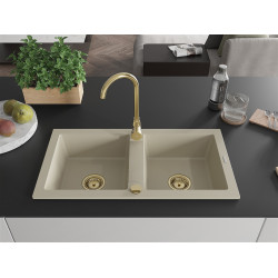 Mexen Mario  konyhai mosogató gránit 2 medence+ pop up szifon 820 x 436 mm, beige, szifon  arany  - 6504822000-69-G 2 medencés