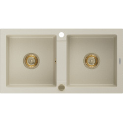 Mexen Mario  konyhai mosogató gránit 2 medence+ pop up szifon 820 x 436 mm, beige, szifon  arany  - 6504822000-69-G 2 medencés 2 medencés 406959 Mexen