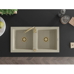 Mexen Mario  konyhai mosogató gránit 2 medence+ pop up szifon 820 x 436 mm, beige, szifon  arany  - 6504822000-69-G 2 medencés