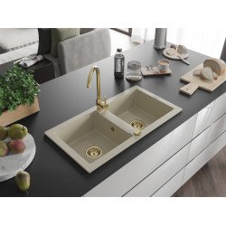 Mexen Mario  konyhai mosogató gránit 2 medence+ pop up szifon 820 x 436 mm, beige, szifon  arany  - 6504822000-69-G 2 medencés
