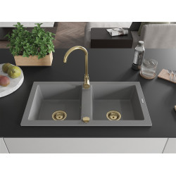 Mexen Mario  konyhai mosogató gránit 2 medence+ pop up szifon 820 x 436 mm, szürke , szifon  arany  - 6504822000-71-G 2 medencés