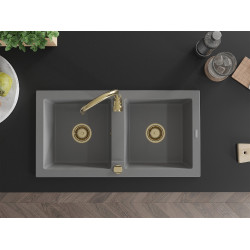 Mexen Mario  konyhai mosogató gránit 2 medence+ pop up szifon 820 x 436 mm, szürke , szifon  arany  - 6504822000-71-G 2 medencés