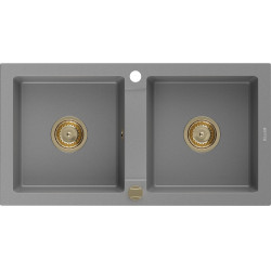 Mexen Mario  konyhai mosogató gránit 2 medence+ pop up szifon 820 x 436 mm, szürke , szifon  arany  - 6504822000-71-G 2 medencés 2 medencés 406959 Mexen