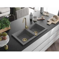 Mexen Mario  konyhai mosogató gránit 2 medence+ pop up szifon 820 x 436 mm, szürke , szifon  arany  - 6504822000-71-G 2 medencés 2 medencés 406959 Mexen