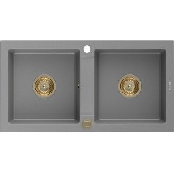 Mexen Mario  konyhai mosogató gránit 2 medence+ pop up szifon 820 x 436 mm, szürke , szifon  arany  - 6504822000-71-G 2 medencés 2 medencés 406959 Mexen