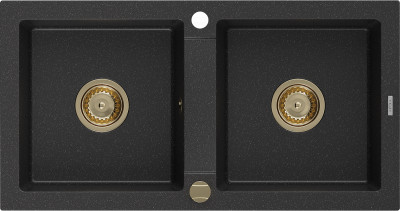 Mexen Mario  konyhai mosogató gránit 2 medence+ pop up szifon 820 x 436 mm, fekete / króm, szifon  arany  - 6504822000-73-G 2 medencés
