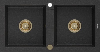 Mexen Mario  konyhai mosogató gránit 2 medence+ pop up szifon 820 x 436 mm, fekete / króm, szifon  arany  - 6504822000-73-G 2 medencés