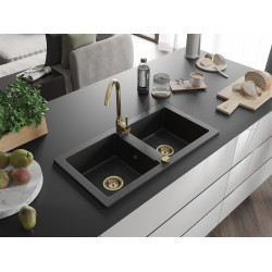 Mexen Mario  konyhai mosogató gránit 2 medence+ pop up szifon 820 x 436 mm, fekete / króm, szifon  arany  - 6504822000-73-G 2 medencés 2 medencés 406959 Mexen