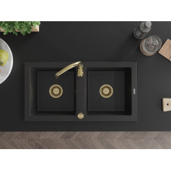Mexen Mario  konyhai mosogató gránit 2 medence+ pop up szifon 820 x 436 mm, fekete / króm, szifon  arany  - 6504822000-73-G 2 medencés