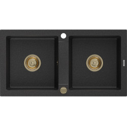 Mexen Mario  konyhai mosogató gránit 2 medence+ pop up szifon 820 x 436 mm, fekete / króm, szifon  arany  - 6504822000-73-G 2 medencés 2 medencés 406959 Mexen
