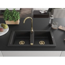 Mexen Mario  konyhai mosogató gránit 2 medence+ pop up szifon 820 x 436 mm, fekete / króm, szifon  arany  - 6504822000-73-G 2 medencés