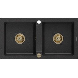 Mexen Mario  konyhai mosogató gránit 2 medence+ pop up szifon 820 x 436 mm, fekete / króm, szifon  arany  - 6504822000-73-G 2 medencés 2 medencés 406959 Mexen