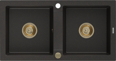 Mexen Mario  konyhai mosogató gránit 2 medence+ pop up szifon 820 x 436 mm, fekete / arany, szifon  arany  - 6504822000-75-G 2 medencés