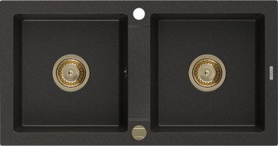Mexen Mario  konyhai mosogató gránit 2 medence+ pop up szifon 820 x 436 mm, fekete / arany, szifon  arany  - 6504822000-75-G 2 medencés