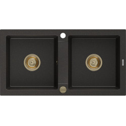 Mexen Mario  konyhai mosogató gránit 2 medence+ pop up szifon 820 x 436 mm, fekete / arany, szifon  arany  - 6504822000-75-G 2 medencés 2 medencés 406959 Mexen