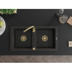 Mexen Mario  konyhai mosogató gránit 2 medence+ pop up szifon 820 x 436 mm, fekete / arany, szifon  arany  - 6504822000-75-G 2 medencés
