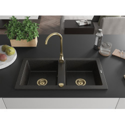 Mexen Mario  konyhai mosogató gránit 2 medence+ pop up szifon 820 x 436 mm, fekete / arany, szifon  arany  - 6504822000-75-G 2 medencés