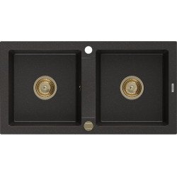 Mexen Mario  konyhai mosogató gránit 2 medence+ pop up szifon 820 x 436 mm, fekete / arany, szifon  arany  - 6504822000-75-G 2 medencés 2 medencés 406959 Mexen