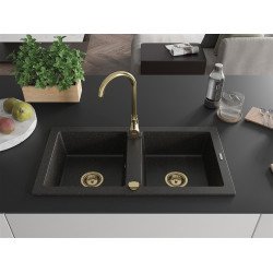 Mexen Mario  konyhai mosogató gránit 2 medence+ pop up szifon 820 x 436 mm, fekete / arany, szifon  arany  - 6504822000-75-G 2 medencés