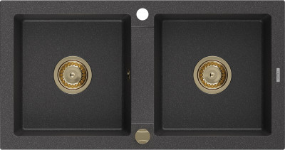 Mexen Mario  konyhai mosogató gránit 2 medence+ pop up szifon 820 x 436 mm, fekete köhatasu, szifon  arany  - 6504822000-76-G 2 medencés
