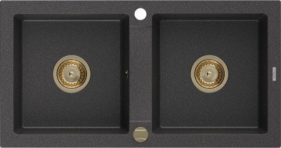 Mexen Mario  konyhai mosogató gránit 2 medence+ pop up szifon 820 x 436 mm, fekete köhatasu, szifon  arany  - 6504822000-76-G 2 medencés