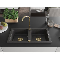 Mexen Mario  konyhai mosogató gránit 2 medence+ pop up szifon 820 x 436 mm, fekete köhatasu, szifon  arany  - 6504822000-76-G 2 medencés