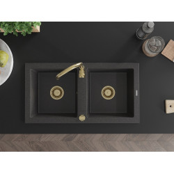 Mexen Mario  konyhai mosogató gránit 2 medence+ pop up szifon 820 x 436 mm, fekete köhatasu, szifon  arany  - 6504822000-76-G 2 medencés
