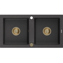Mexen Mario  konyhai mosogató gránit 2 medence+ pop up szifon 820 x 436 mm, fekete köhatasu, szifon  arany  - 6504822000-76-G 2 medencés 2 medencés 406959 Mexen