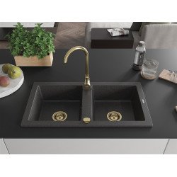 Mexen Mario  konyhai mosogató gránit 2 medence+ pop up szifon 820 x 436 mm, fekete köhatasu, szifon  arany  - 6504822000-76-G 2 medencés
