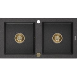 Mexen Mario  konyhai mosogató gránit 2 medence+ pop up szifon 820 x 436 mm, fekete köhatasu, szifon  arany  - 6504822000-76-G 2 medencés 2 medencés 406959 Mexen