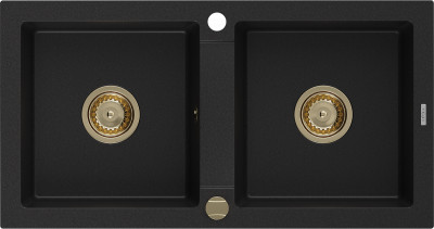 Mexen Mario  konyhai mosogató gránit 2 medence+ pop up szifon 820 x 436 mm, fekete , szifon  arany  - 6504822000-77-G 2 medencés