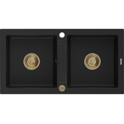 Mexen Mario  konyhai mosogató gránit 2 medence+ pop up szifon 820 x 436 mm, fekete , szifon  arany  - 6504822000-77-G 2 medencés 2 medencés 406959 Mexen
