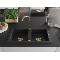 Mexen Mario  konyhai mosogató gránit 2 medence+ pop up szifon 820 x 436 mm, fekete , szifon  arany  - 6504822000-77-G 2 medencés