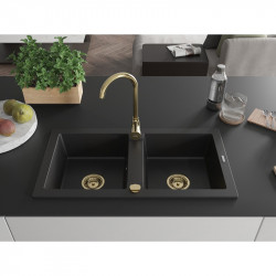Mexen Mario  konyhai mosogató gránit 2 medence+ pop up szifon 820 x 436 mm, fekete , szifon  arany  - 6504822000-77-G 2 medencés 2 medencés 406959 Mexen