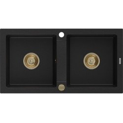Mexen Mario  konyhai mosogató gránit 2 medence+ pop up szifon 820 x 436 mm, fekete , szifon  arany  - 6504822000-77-G 2 medencés 2 medencés 406959 Mexen