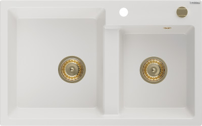 Mexen Tomas  konyhai mosogató gránit 2 medence+ pop up szifon 800 x 500 mm, fehér , szifon  arany  - 6516802000-20-G 2 medencés