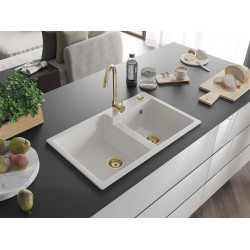 Mexen Tomas  konyhai mosogató gránit 2 medence+ pop up szifon 800 x 500 mm, fehér , szifon  arany  - 6516802000-20-G 2 medencés 2 medencés 406959 Mexen