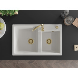 Mexen Tomas  konyhai mosogató gránit 2 medence+ pop up szifon 800 x 500 mm, fehér , szifon  arany  - 6516802000-20-G 2 medencés