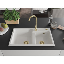 Mexen Tomas  konyhai mosogató gránit 2 medence+ pop up szifon 800 x 500 mm, fehér , szifon  arany  - 6516802000-20-G 2 medencés